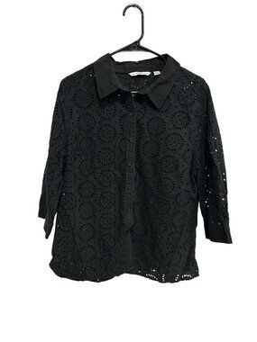 Isaac Mizrahi Live! Embroidered Eyelet Button-Up Shirt Black Sz XL Whimsigoth